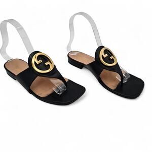 Gucci GG Logo Blondie Thong Sandal Flat Slide Black Leather Gold Size 36 US 6